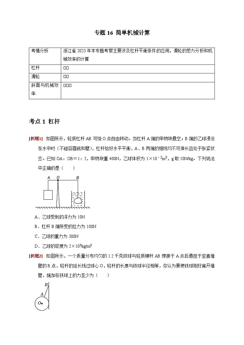专题16 简单机械计算（原卷版）第1页