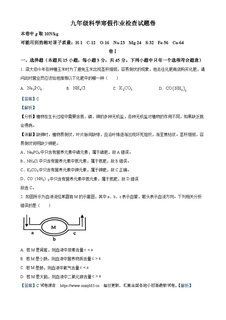 浙江省义乌市稠州中学2023-2024学年九年级下学期开学考试科学试题01