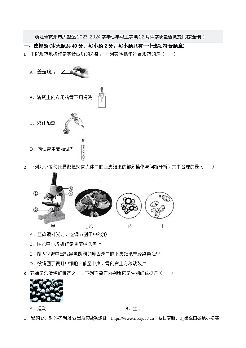 浙江省杭州市拱墅区2023-2024学年七年级上学期12月科学质量检测提优卷01