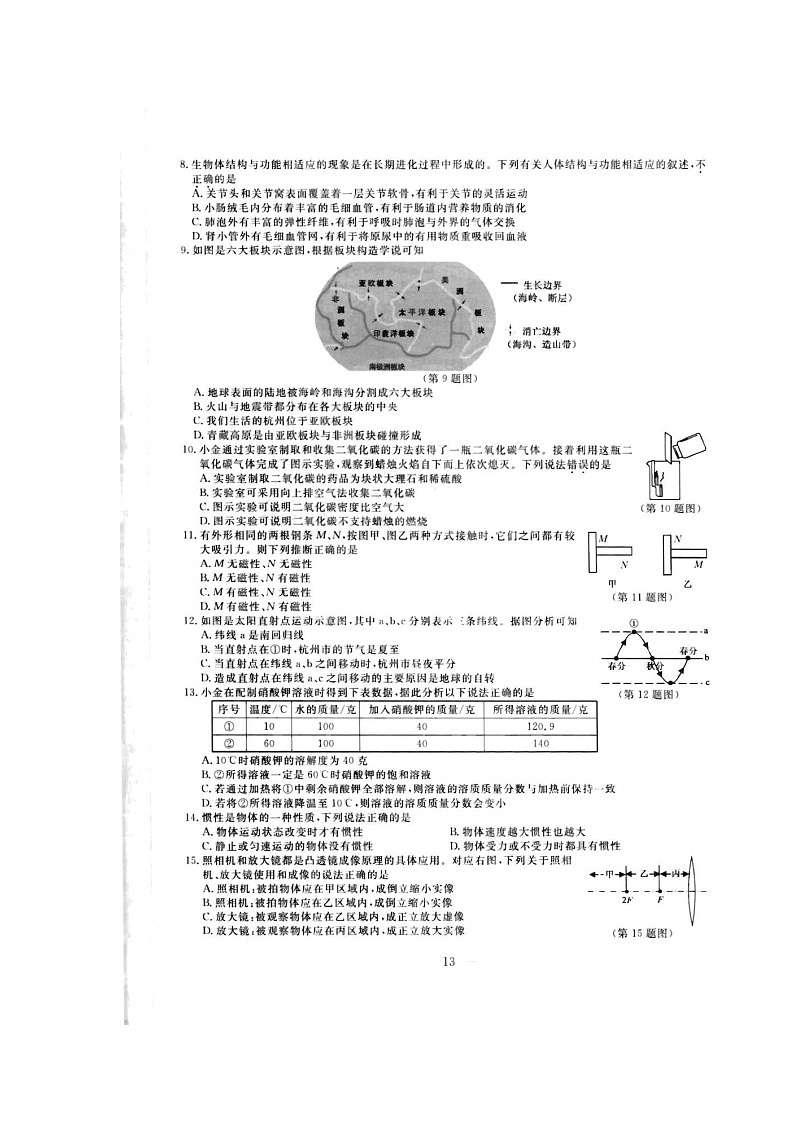 2020年浙江杭州中考科学真题及答案02