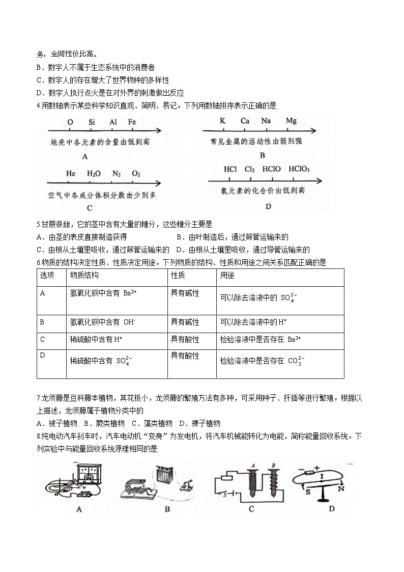 2024年浙江省嘉兴市第一次中考模拟考试一模科学试题(无答案)02