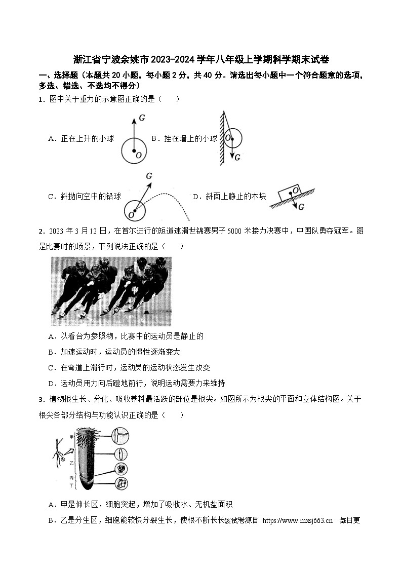 浙江省宁波余姚市2023-2024学年八年级上学期期末科学试卷01