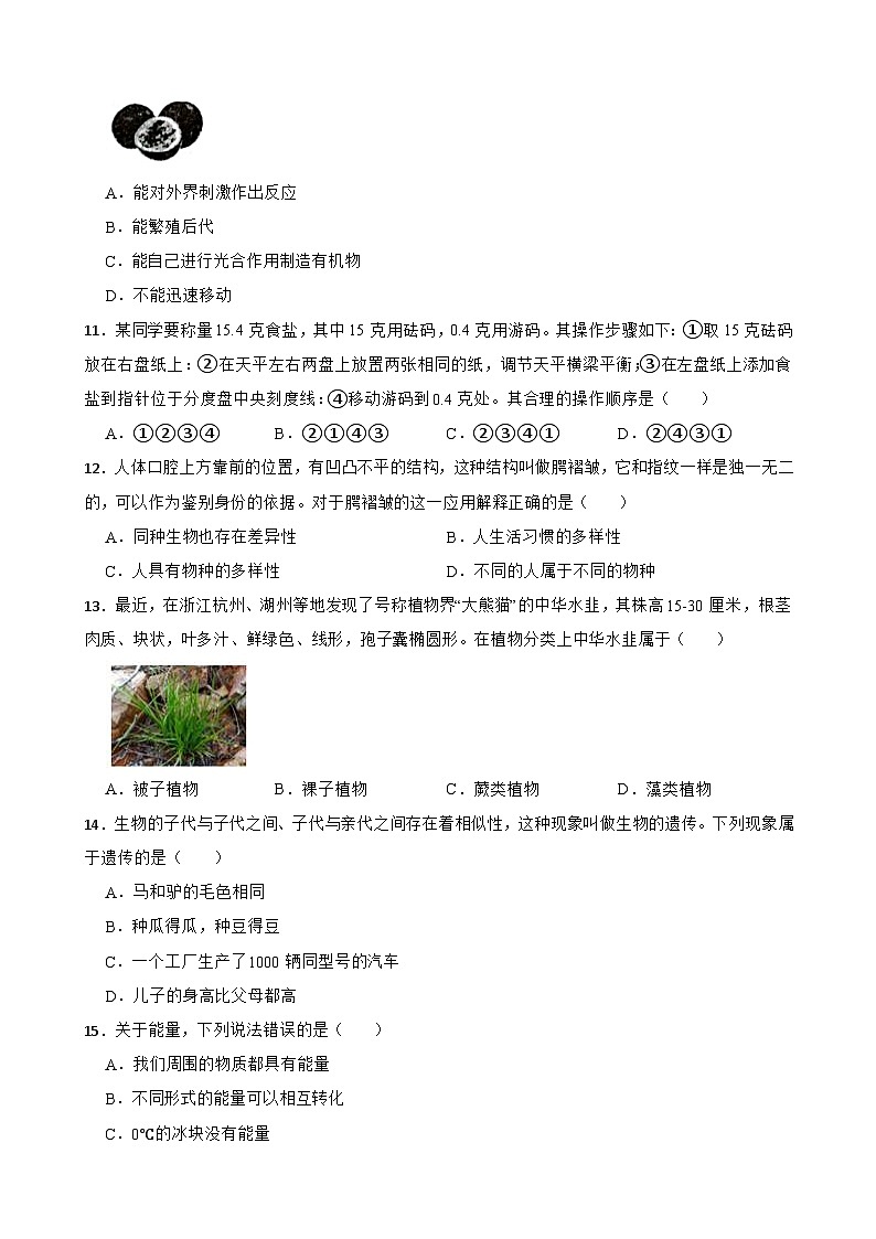 03，浙江省宁波市鄞州区横溪镇中心初级中学等七校2023-2024学年七年级上学期期中检测科学试题03