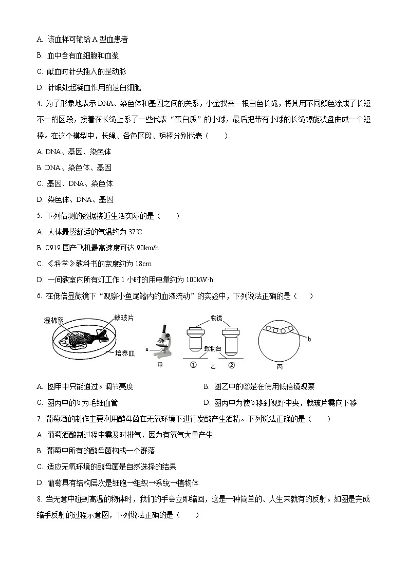 2024年浙江省杭州市保俶塔申花实验学校九年级第一次模拟科学试题（原卷版+解析版）02