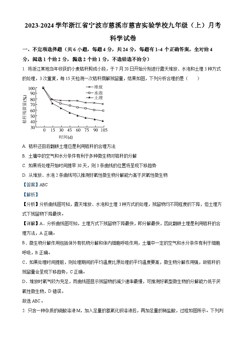 11，浙江省宁波市慈溪市慈吉实验学校2023-2024学年九年级上学期月考科学试题第1页