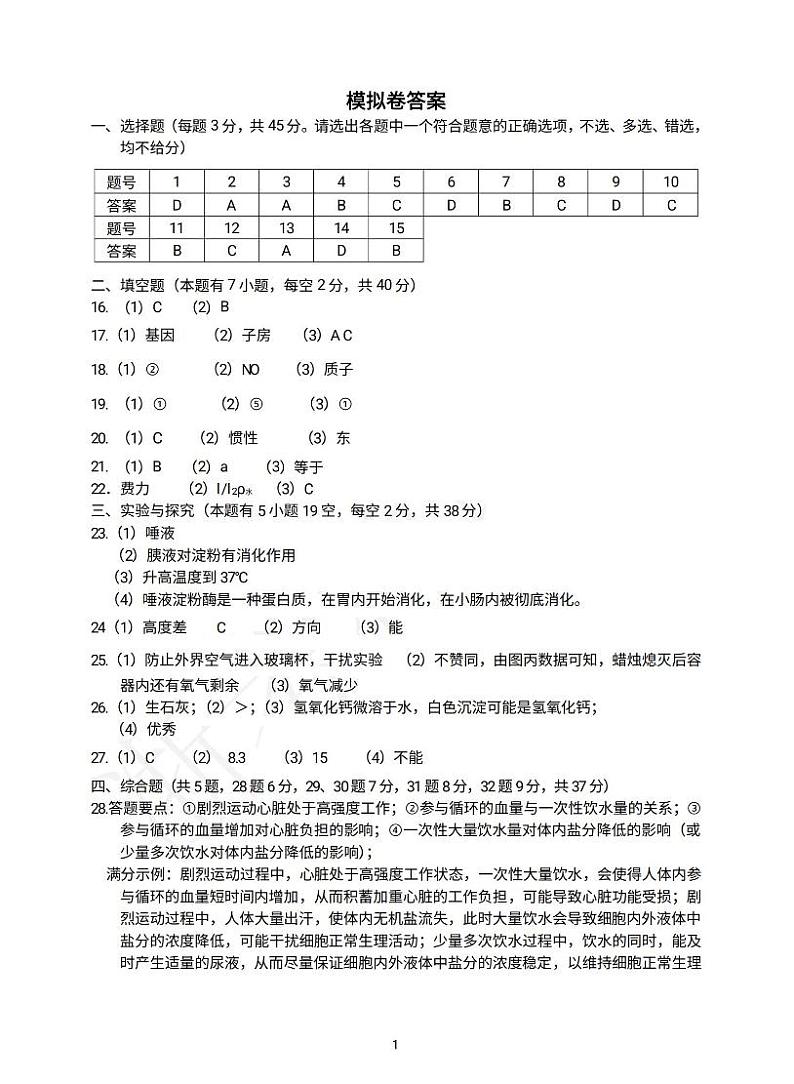 2024年浙江省绍兴市诸暨市中考二模科学试卷01