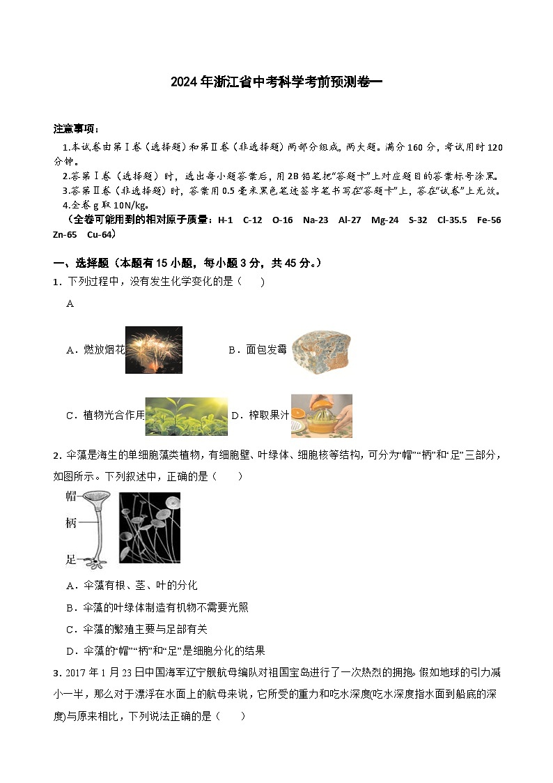 2024年浙江省中考科学考前模拟预测卷一01