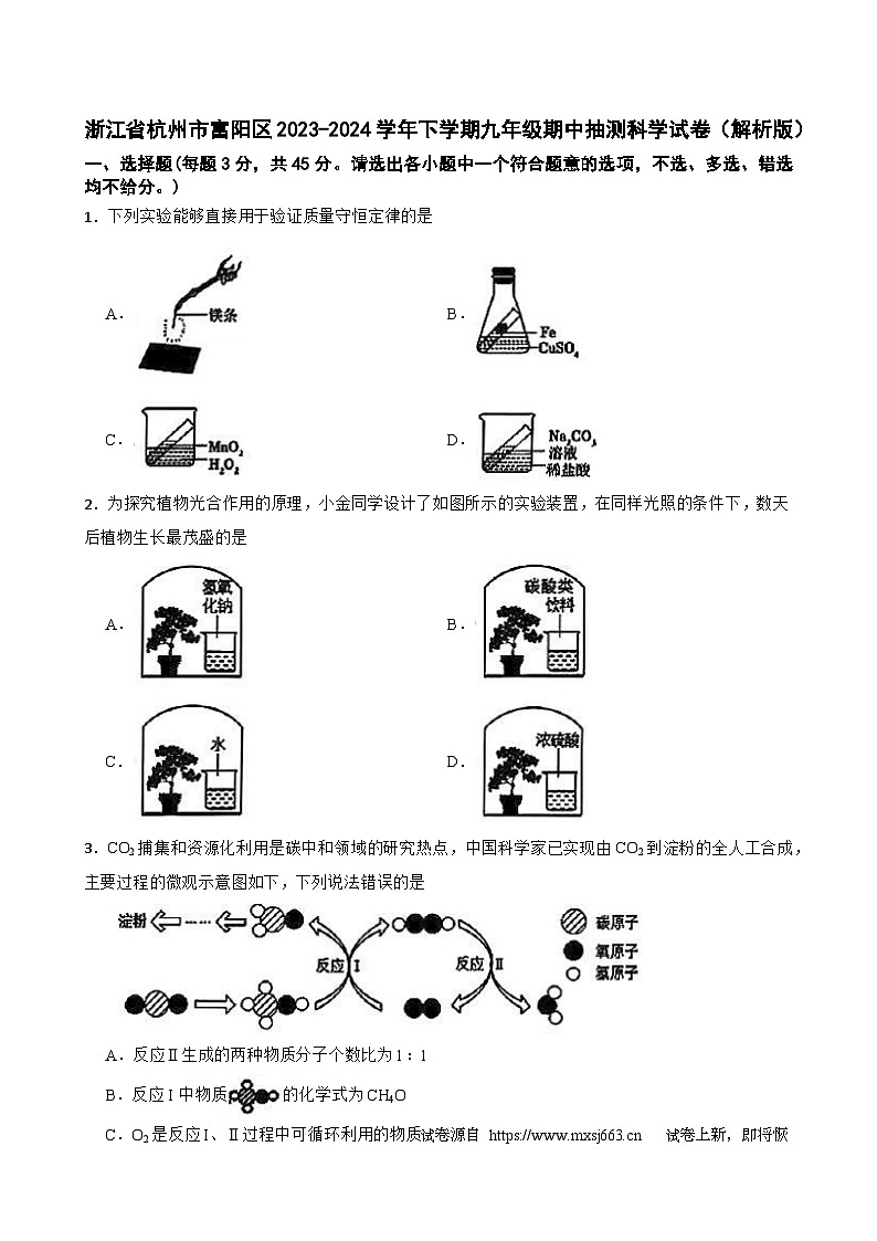 02，浙江省杭州市富阳区2023-2024学年下学期九年级期中抽测科学试卷01