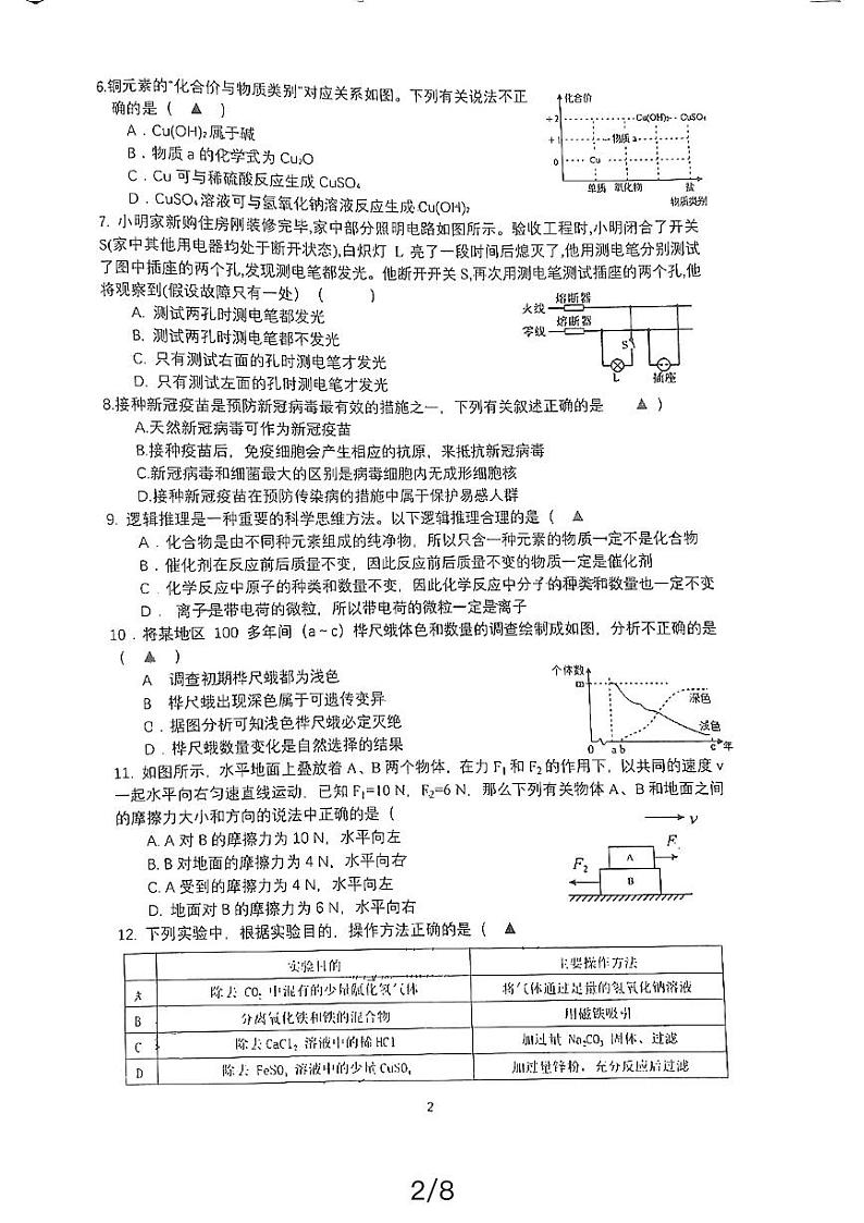 浙江省杭州市富阳区永兴学校2023-2024学年九年级下学期第一次月考科学试题02