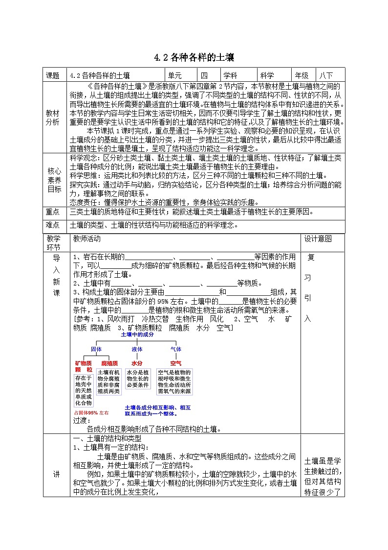 2024八年级科学下册第4章植物与土壤4.2各种各样的土壤教学设计新版浙教版01