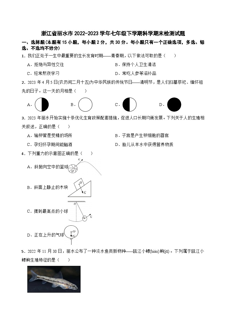 浙江省丽水市2022-2023学年七年级下学期期末检测科学试题第1页