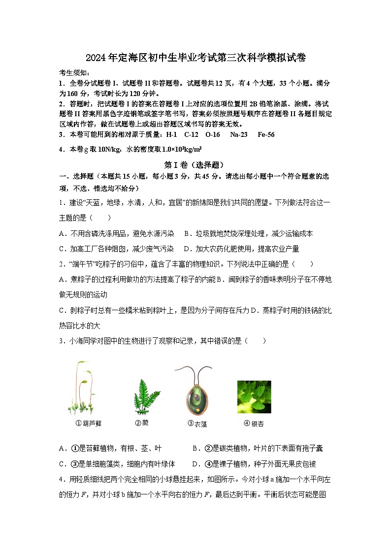 2024年浙江省舟山市定海区中考三模科学试题01