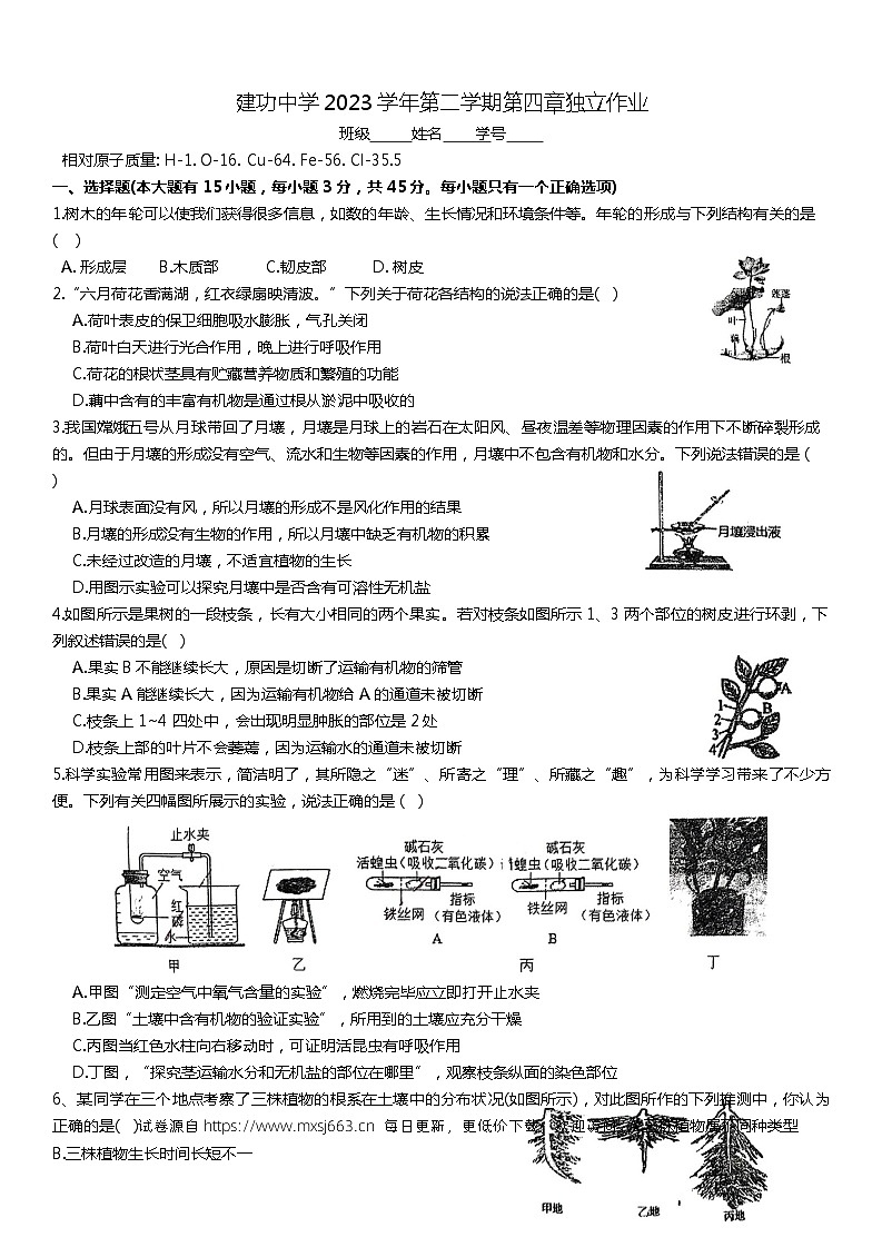 浙江省绍兴市越城区绍兴市建功中学2023-2024学年八年级下学期6月月考科学试题01