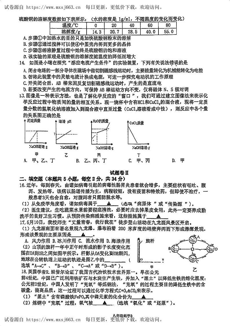 2024年浙江省宁波是曙光中学中考模拟科学试题03