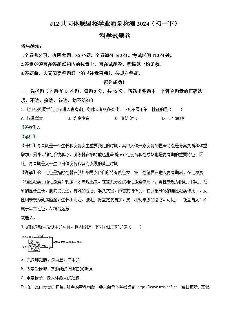 浙江省嘉兴市清华附中嘉兴实验学校2023-2024学年七年级下学期期中科学试题01