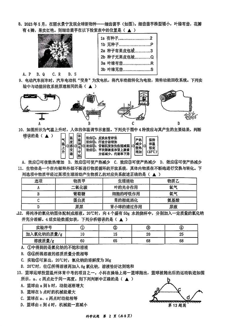 2024年浙江省温州市龙湾区实验中学中考三模科学试题第2页