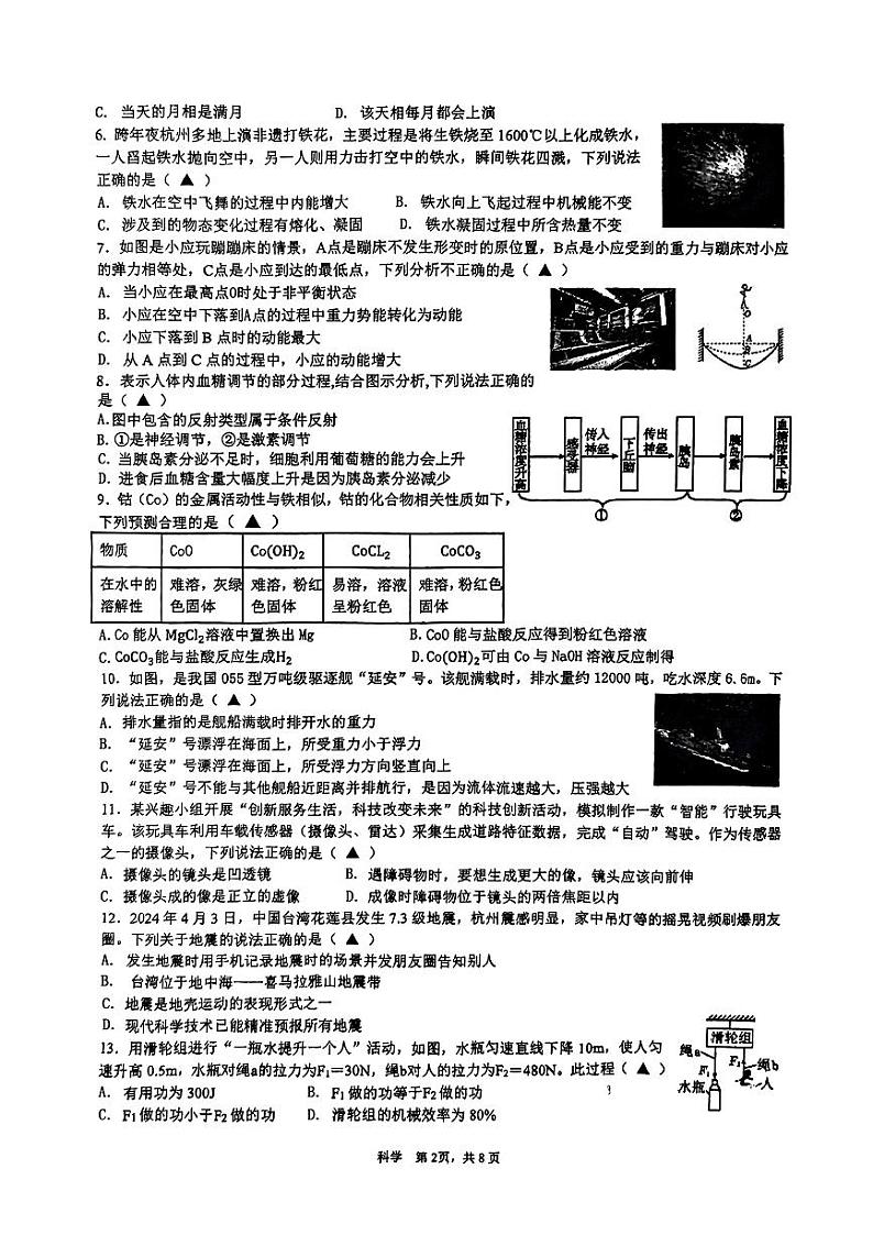 2024年浙江省杭州市钱塘区九年级中考三模科学试卷第2页