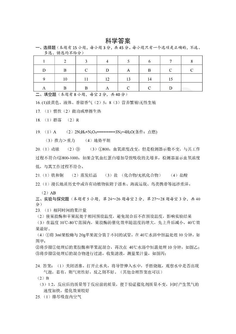 2024年浙江省温州市第二外国语学校中考三模科学试题01