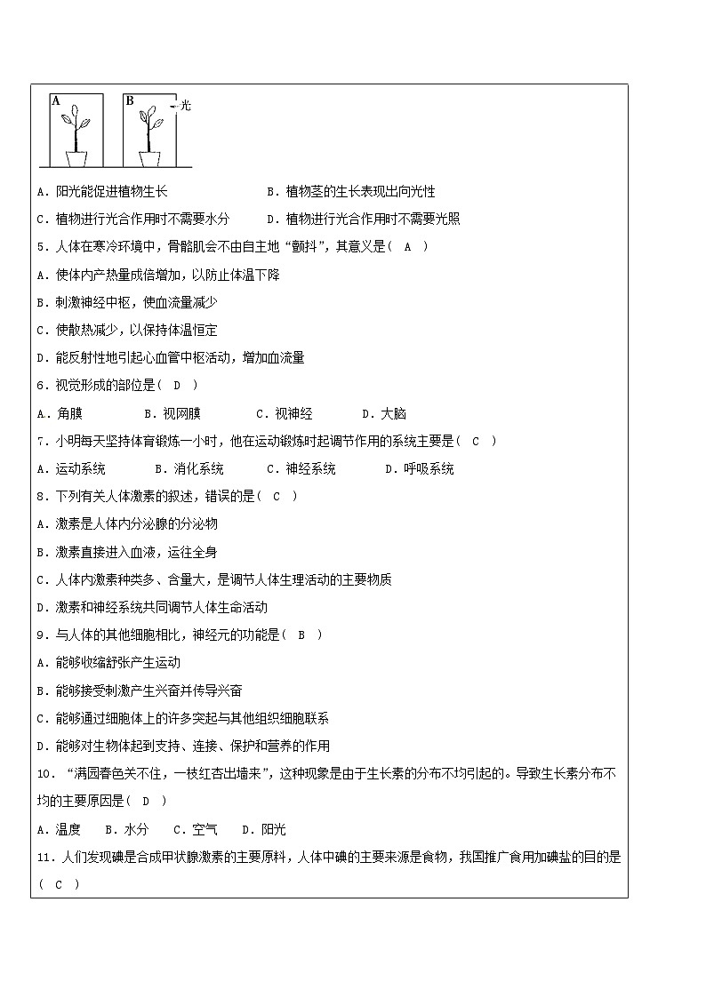 华师大版初中科学八年级下册 19 期末复习-生命活动调节 学案02