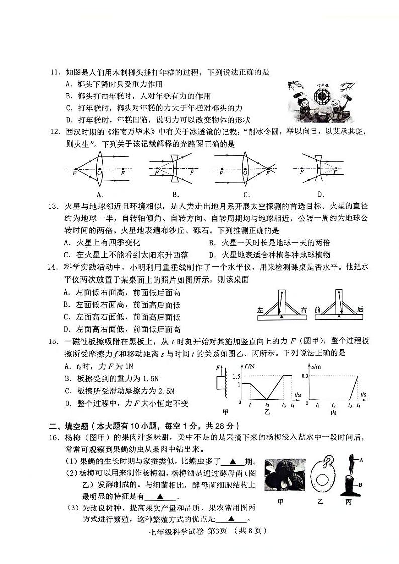 浙江省绍兴市嵊州市2023-2024学年七年级下学期期末学业成绩调测科学试卷第3页