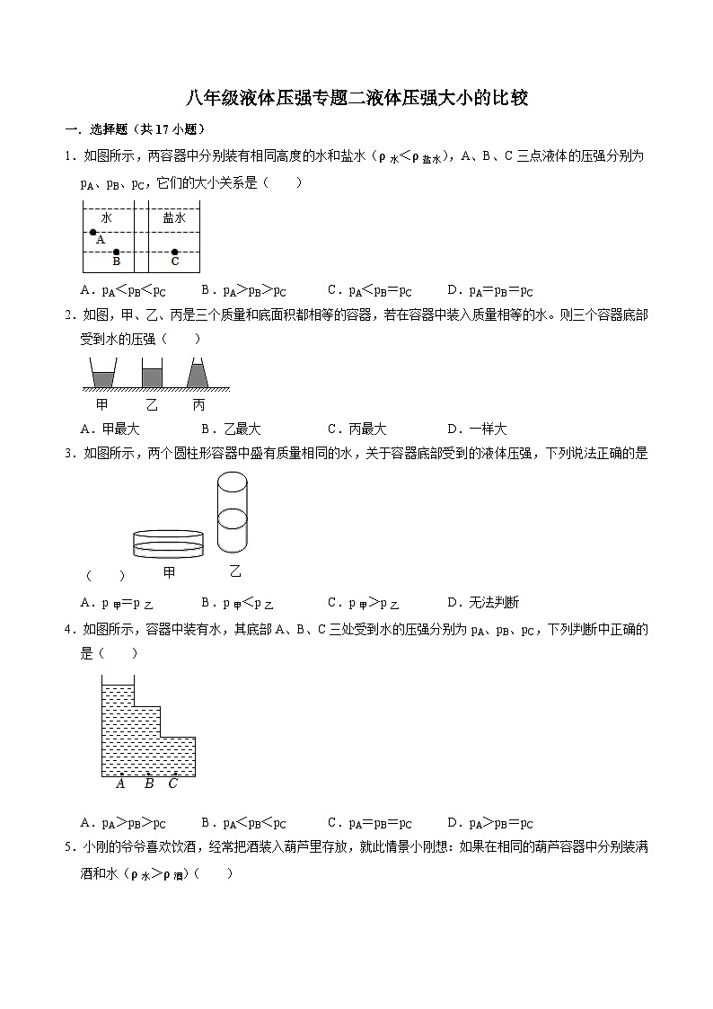 专题二液体压强大小的比较——华东师大版八年级上学期科学01