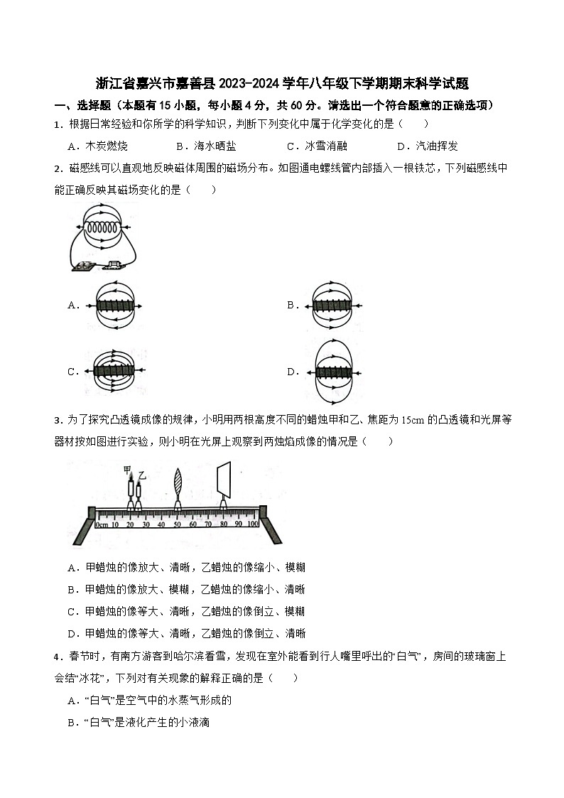 浙江省嘉兴市嘉善县2023-2024学年八年级下学期期末科学试题01