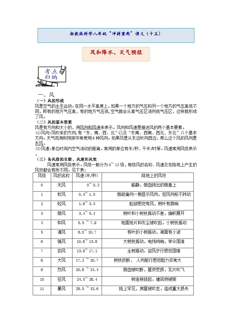 浙教版科学上学期八年级“冲刺重高”讲义（十五）：风和降水、天气预报第1页