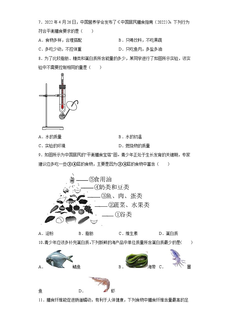 4.1食物与营养同步练习  浙教版科学九年级上册02