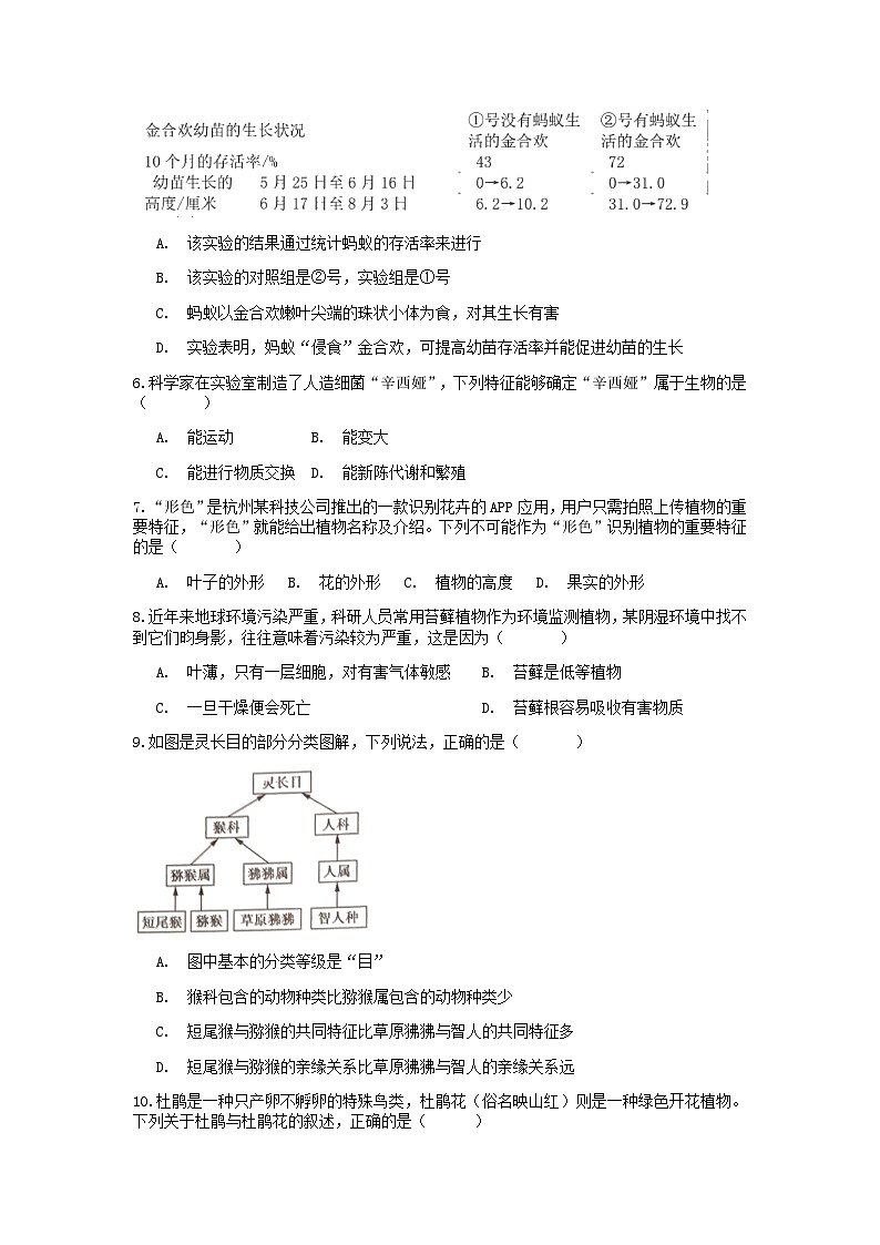 分类题型训练：第二章《观察生物》选择题（10）  浙教版科学七年级上册02