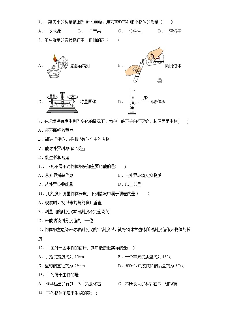 第1章　地球上的生物 同步训练   华东师大版科学七年级上册第2页