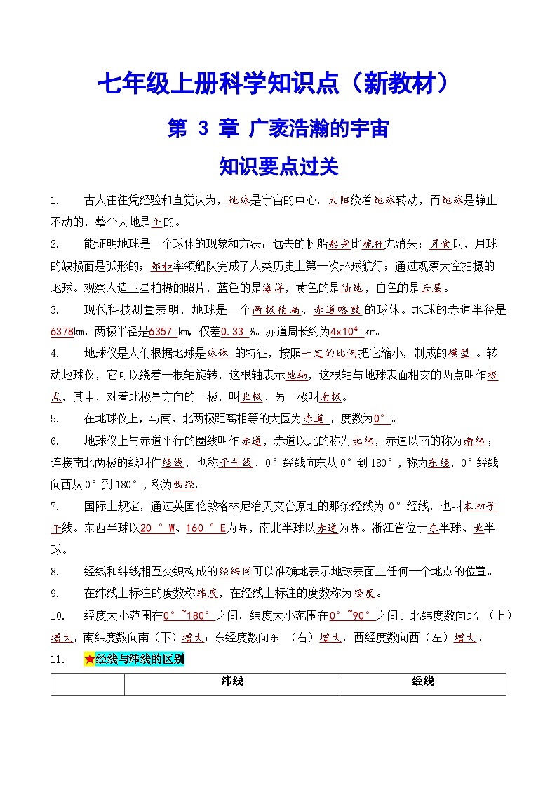 科学浙教版（2024）初中科学第3章 广袤浩瀚的宇宙  知识要点练习（含答案）01
