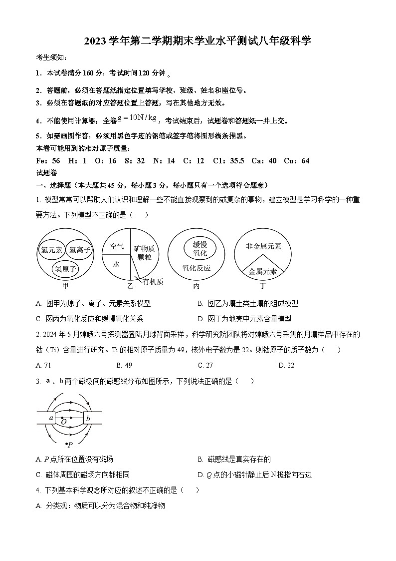 浙江省杭州市滨江区2023-2024学年八年级下学期期末科学试题（原卷版+解析版）01