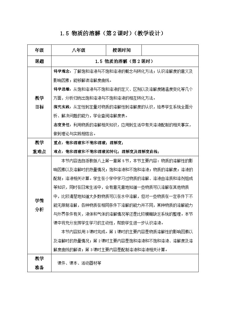 1.5 物质的溶解（第2课时）（教学设计）第1页