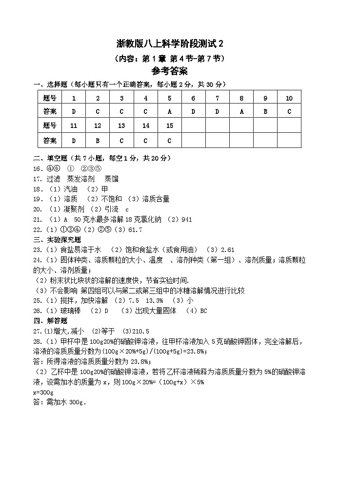 【阶段测试2】浙教版科学八年级上册 第1章 水和水的溶液 第4节-第7节 阶段测试2卷 （原卷+答案+答题卷）01