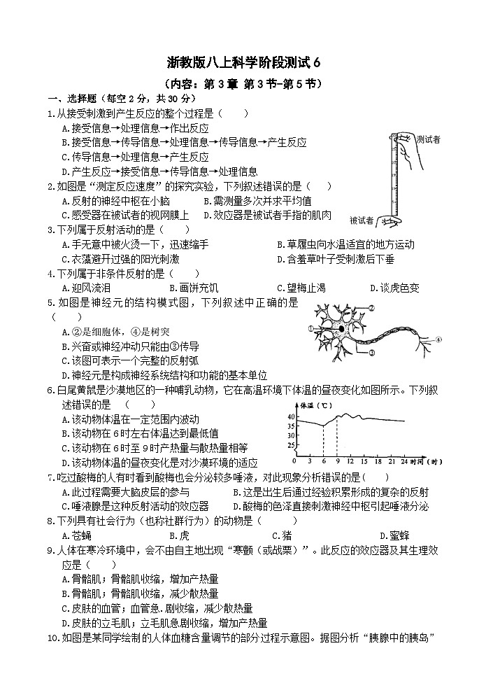 【阶段测试6】浙教版科学八年级上册 第三章 生命活动的调节 第3节-第5节 阶段测试6卷 原卷第1页