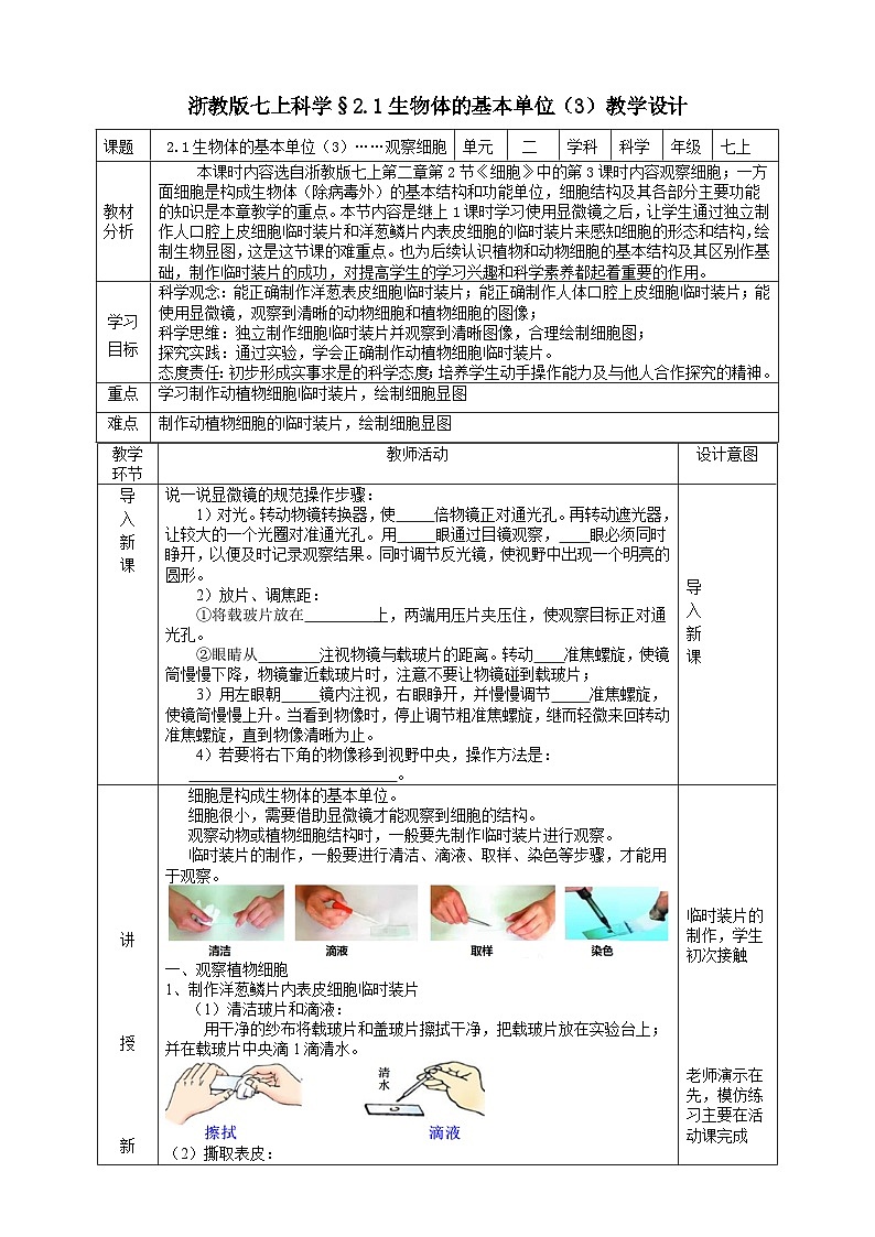 【核心素养】浙教版科学七年级上册 2.1《生物体的基本单位》（第3课时）课件+教案+学案+素材01