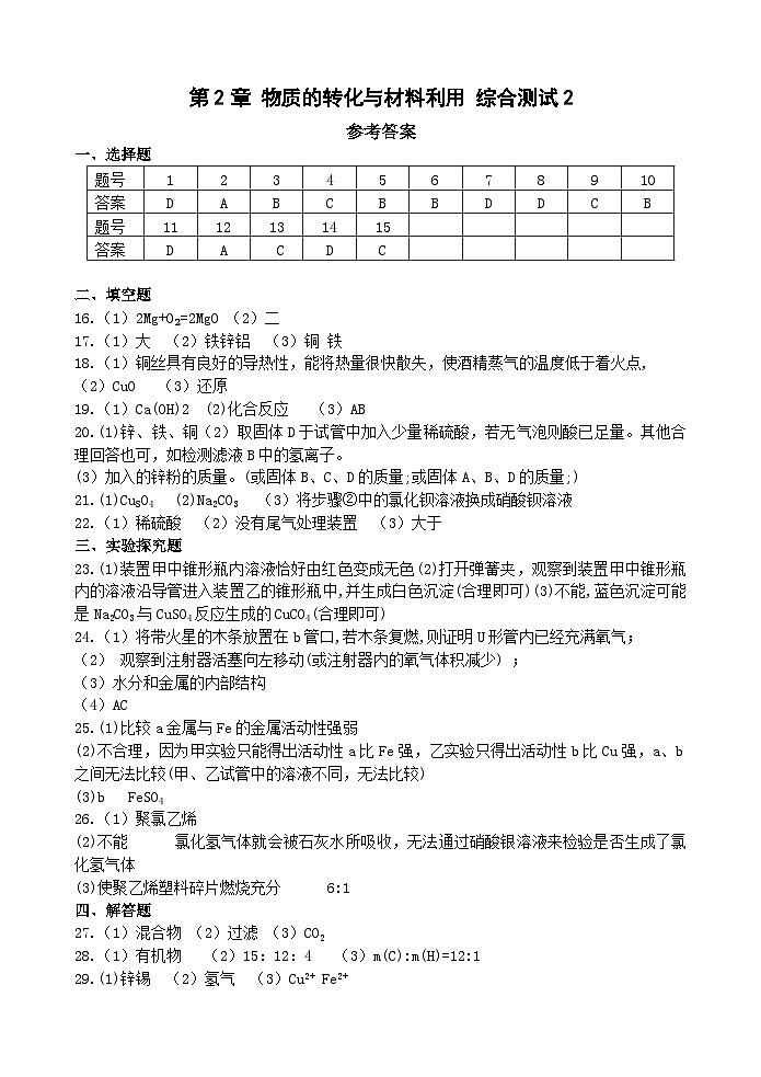 【单元测试】浙教版科学九上第2章 《物质的转化与材料利用》 综合测试01