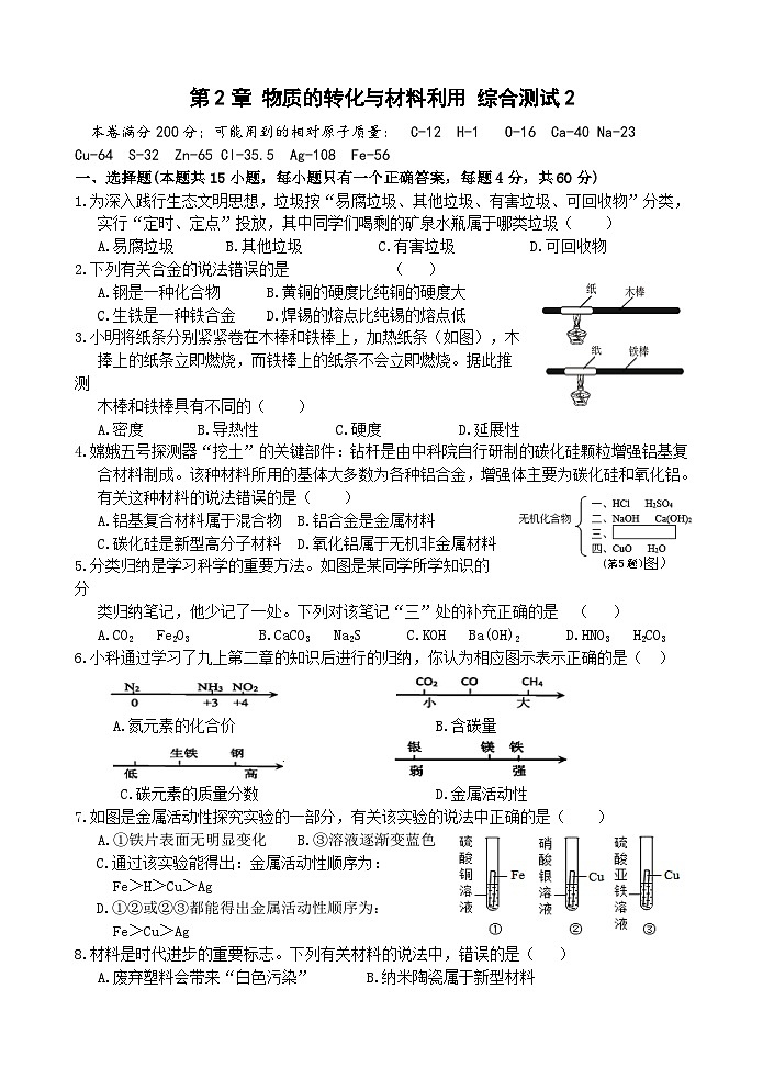 【单元测试】浙教版科学九上第2章 《物质的转化与材料利用》 综合测试01