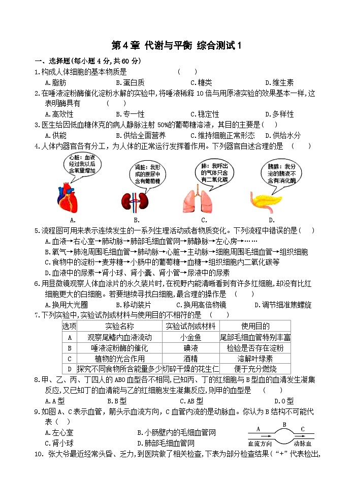【单元测试】浙教版科学九上第4章 《代谢与平衡》 综合测试01