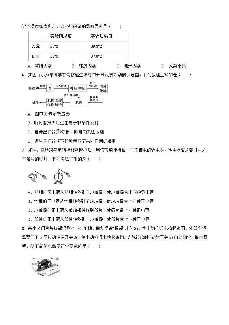 浙江省浙师大省联考2023-2024学年八年级上学期科学12月月考试卷02