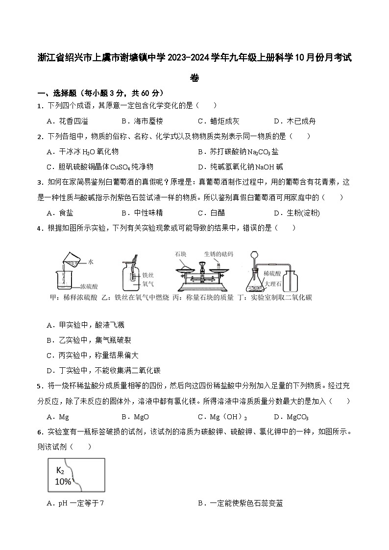 浙江省绍兴市上虞市谢塘镇中学2023-2024学年上学期10月份月考九年级科学试卷第1页