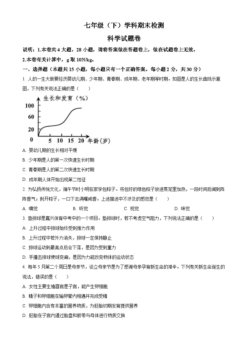 浙江省嘉兴市2023--2024学年下学期七年级科学期末试题 （原卷版+解析版）01
