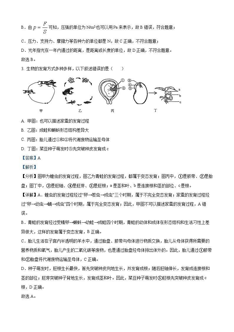 浙江省杭州市上城区2023-2024学年七年级下学期期末科学试题（原卷版+解析版）02