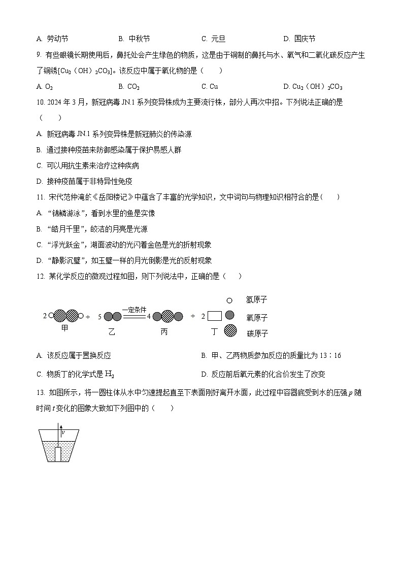 2024年浙江省金华市义乌市稠州中学中考三模科学试题（原卷版）第3页