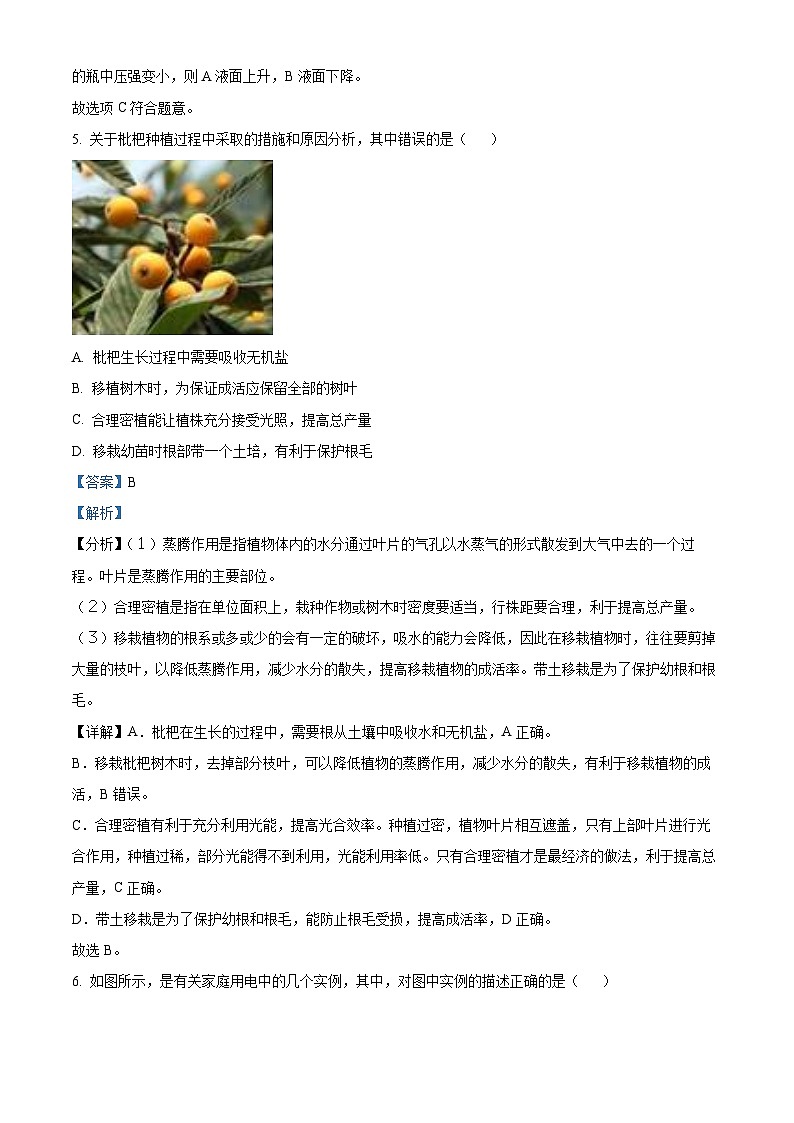浙江省温州市娄桥外国语学校2023-2024学年八年级下学期期末科学试题（原卷版+解析版）03