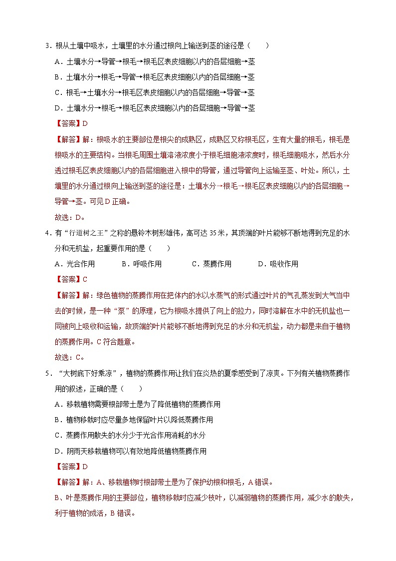 2024秋华师大版 初中科学 八年级上册第四章第二节 水在植物体中的代谢 第三节 无机盐在植物体内的代谢A卷（含解析）02