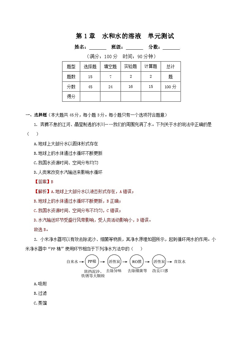 【核心素养】浙教版科学八年级上册 第1章 水和水的溶液（单元复习课件+教学设计+同步练习）01