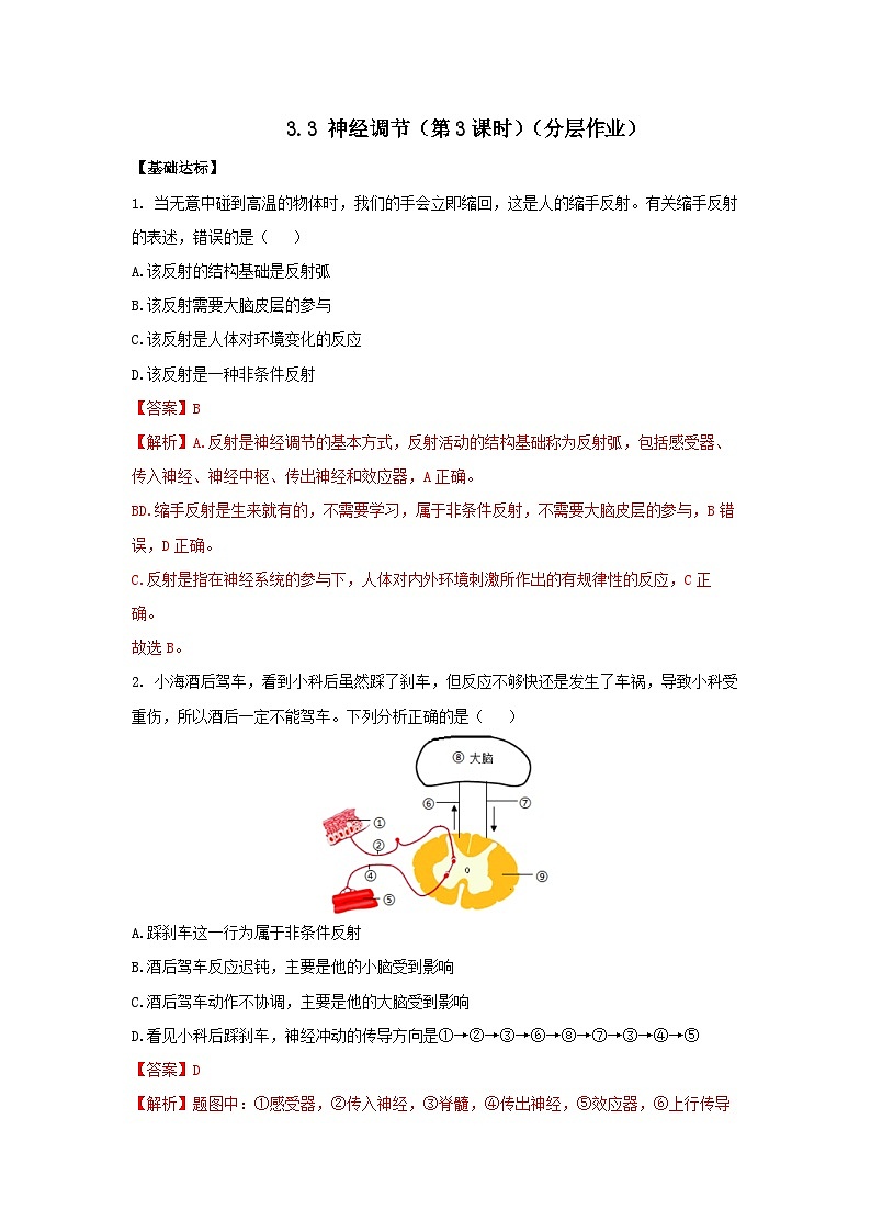 【核心素养】浙教版科学八年级上册 3.3 神经调节（第3课时）（分层作业）【解析版】第1页