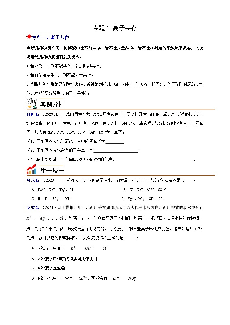 九上第1章 物质及其变化 专题1 离子共存 举一反三练（含解析）01