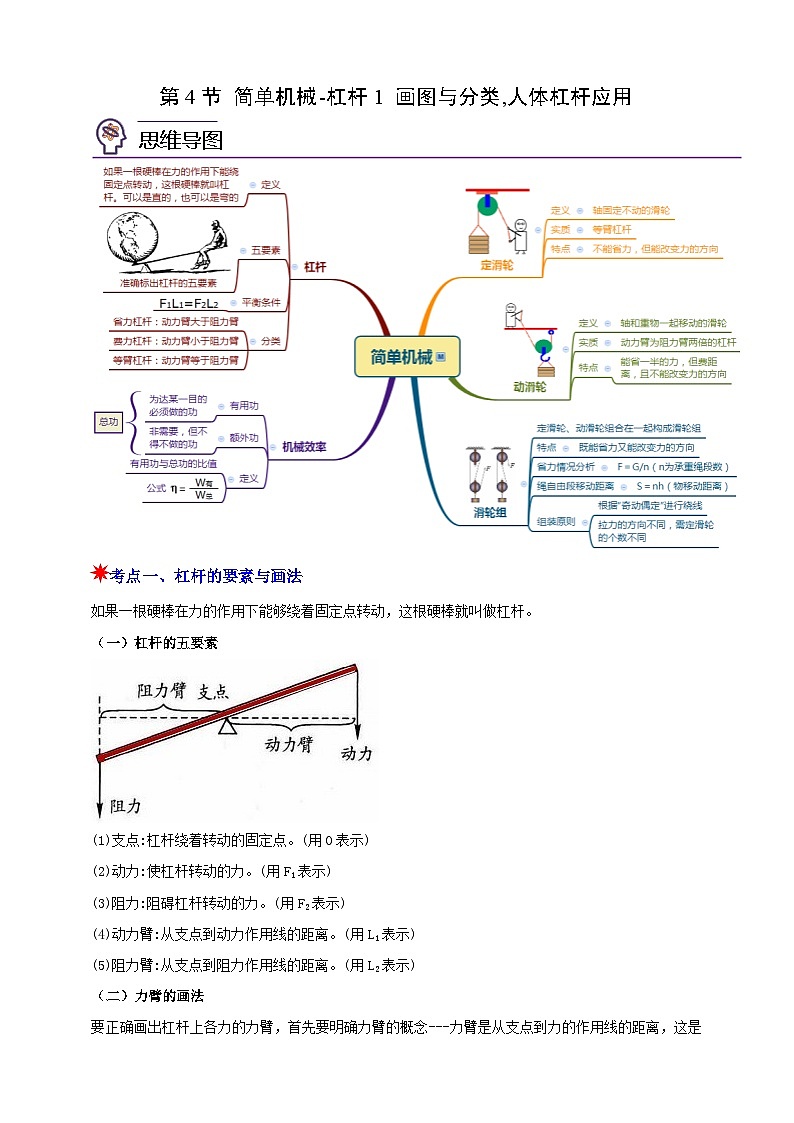 九上第三章 第四节  简单机械-杠杆1  画图与分类，人体杠杆应用 举一反三练（含解析）01